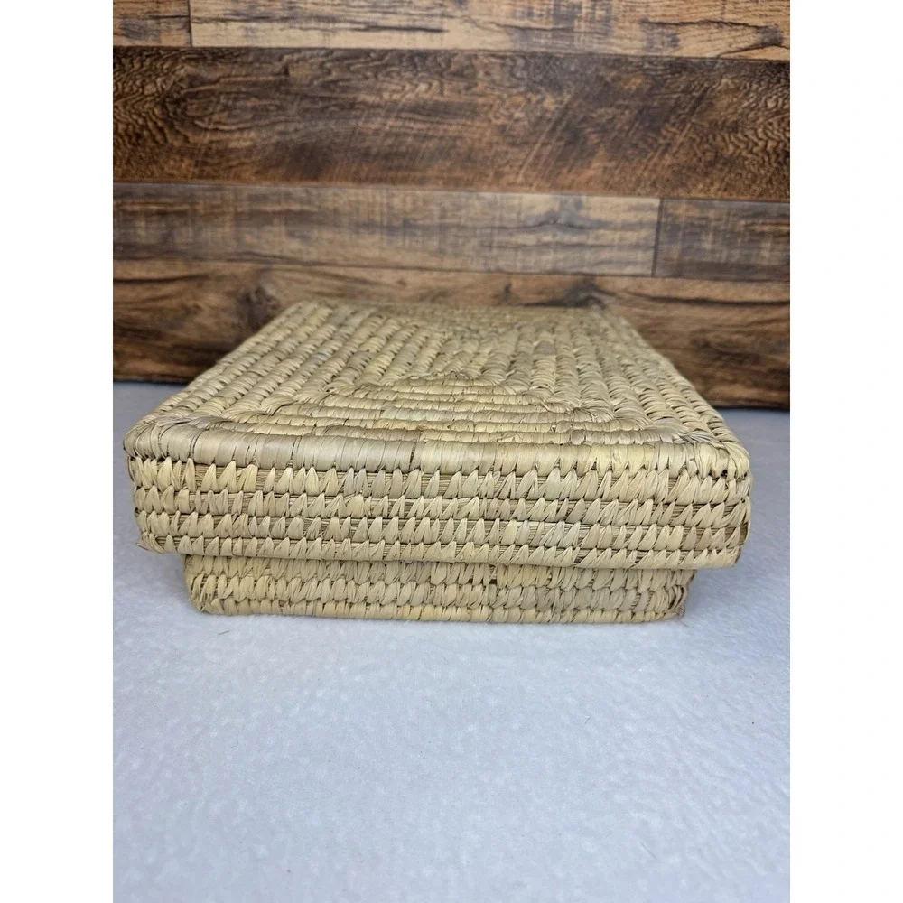 Handwoven Wicker‎ Lidded Basket Organizer Box 3 Compartments Boho Storage 9x12